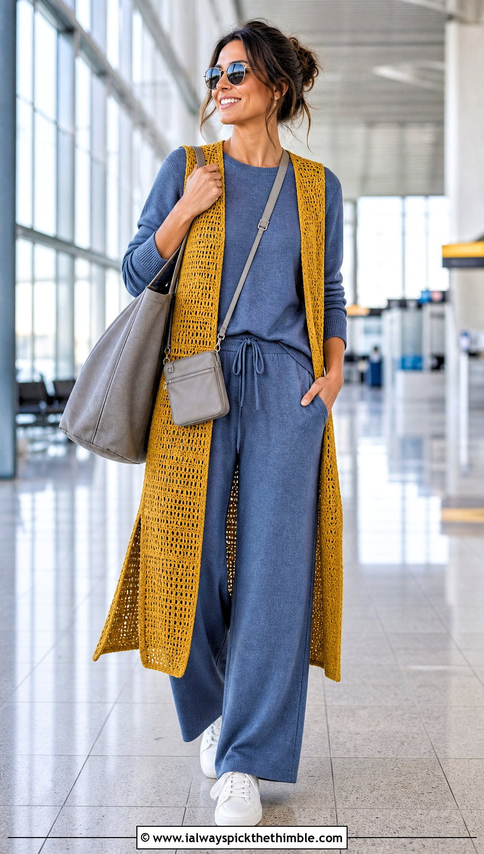 Side Slit Crochet Long Vest With Knit Travel Set - 20 Easy Crochet Long Vest outfit ideas