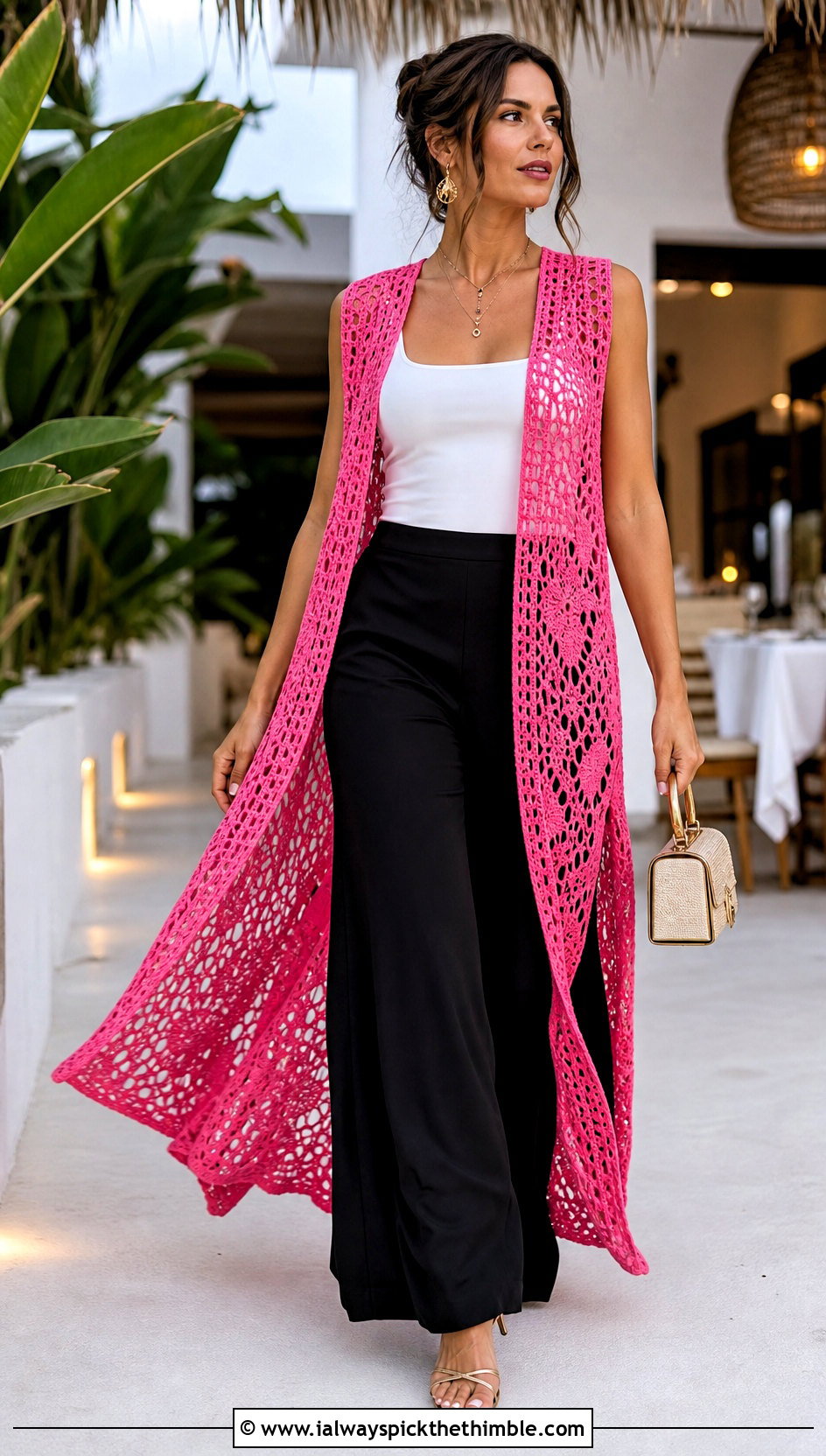 Side Slit Crochet Long Vest With Palazzo Pants - 25 Crochet Long Vest outfit ideas
