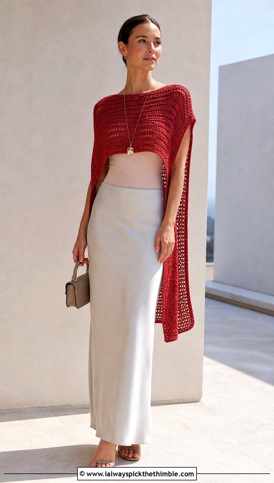 Side Slit Crochet Poncho Top With Column Maxi Skirt - 20 Crochet Poncho Top outfit ideas