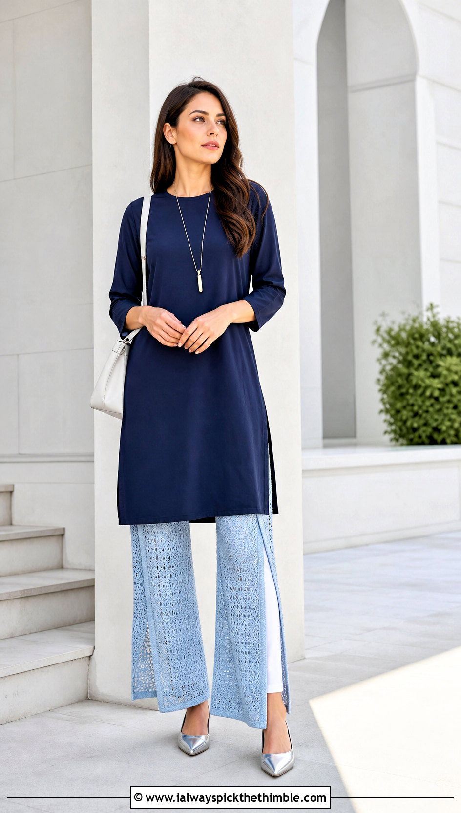 Side Slit Crochet Stacked Pants With Long Tunic - 20 Crochet Stacked Pants outfit ideas