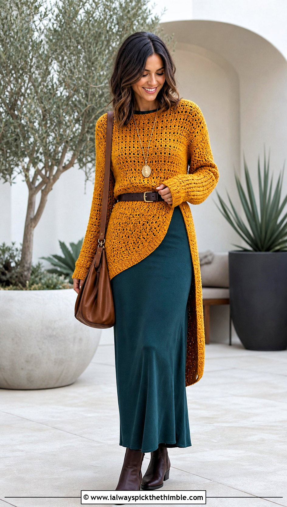 Side Slit Crochet Sweater With Maxi Dress - 20 unique crochet sweater outfit ideas