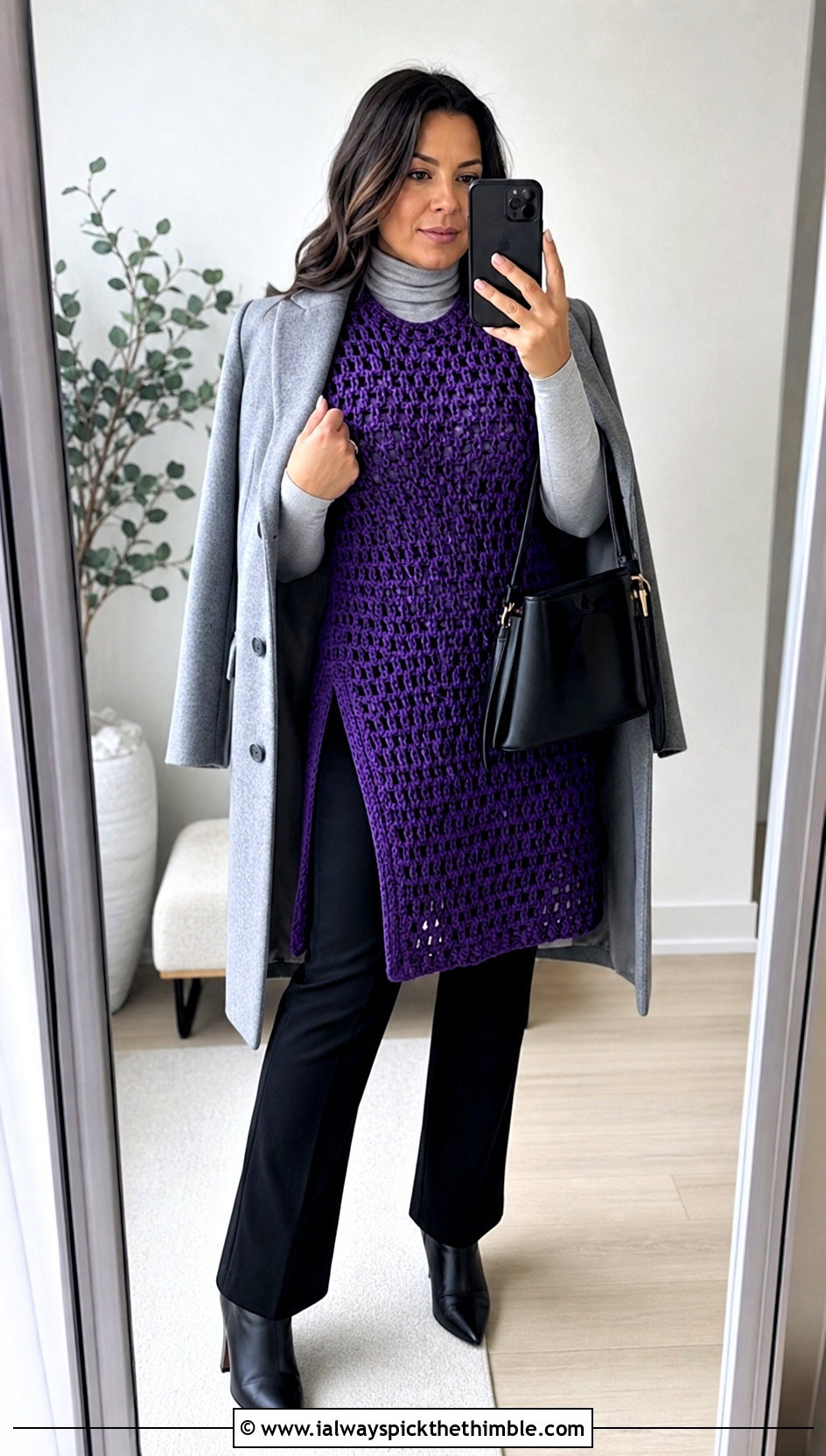 Side Slit Crochet Tunic With Straight Leg Pants - 20 Winter Crochet Clothes and outfit ideas