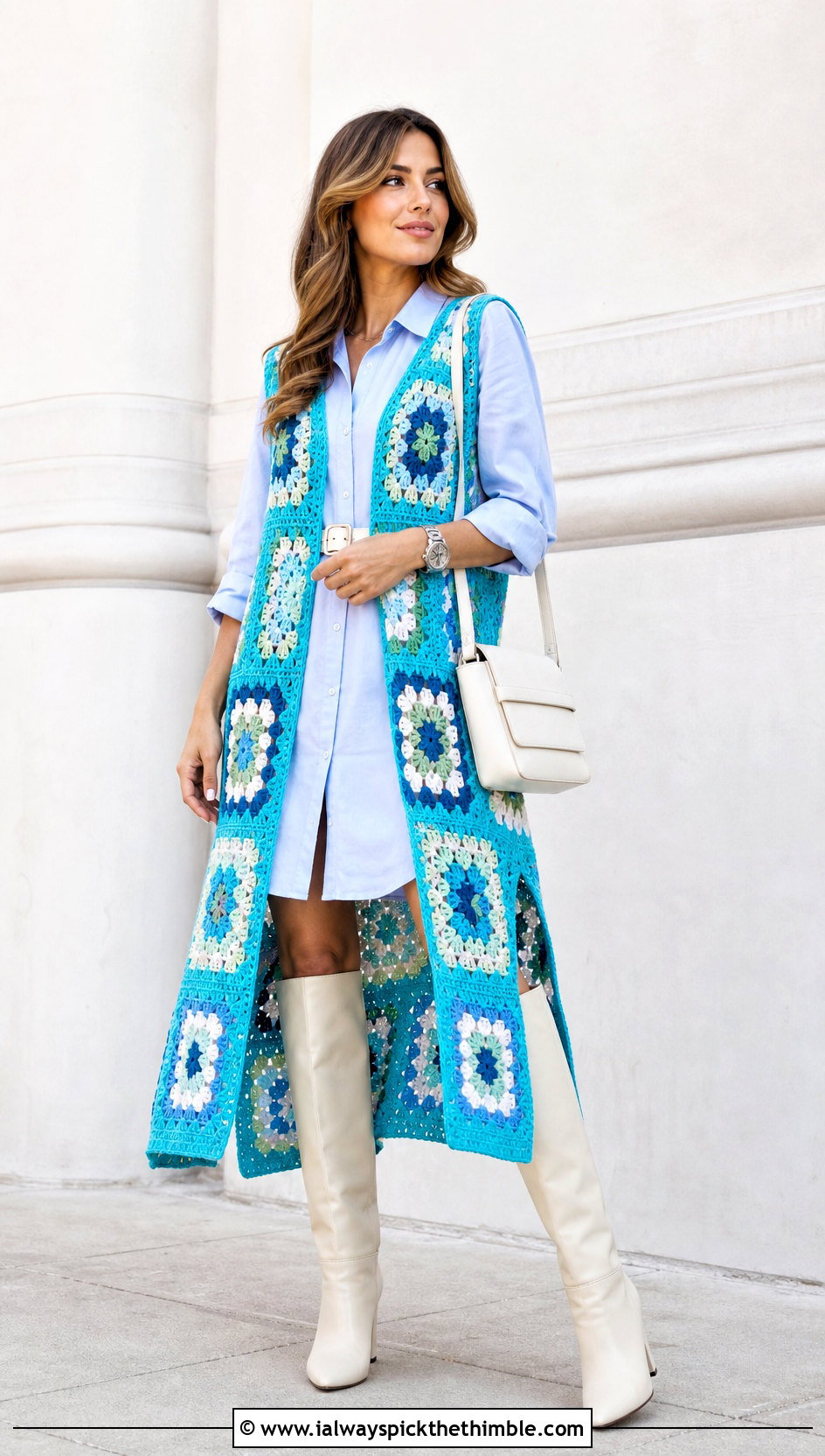 Side Slit Granny Square Sleeveless Cardigan With Shirt Dress - 20 granny square sleeveless cardigan outfit ideas