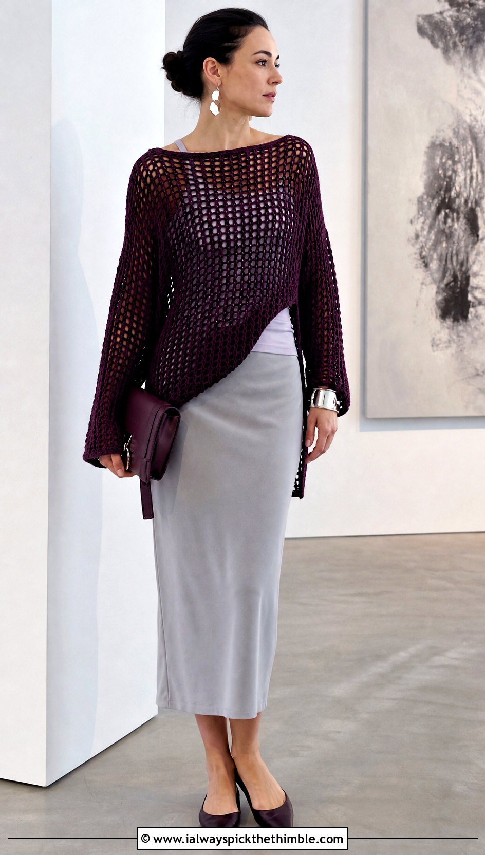 Side Slit Loose Crochet Sweater With Column Skirt - 20 loose crochet sweater outfit ideas