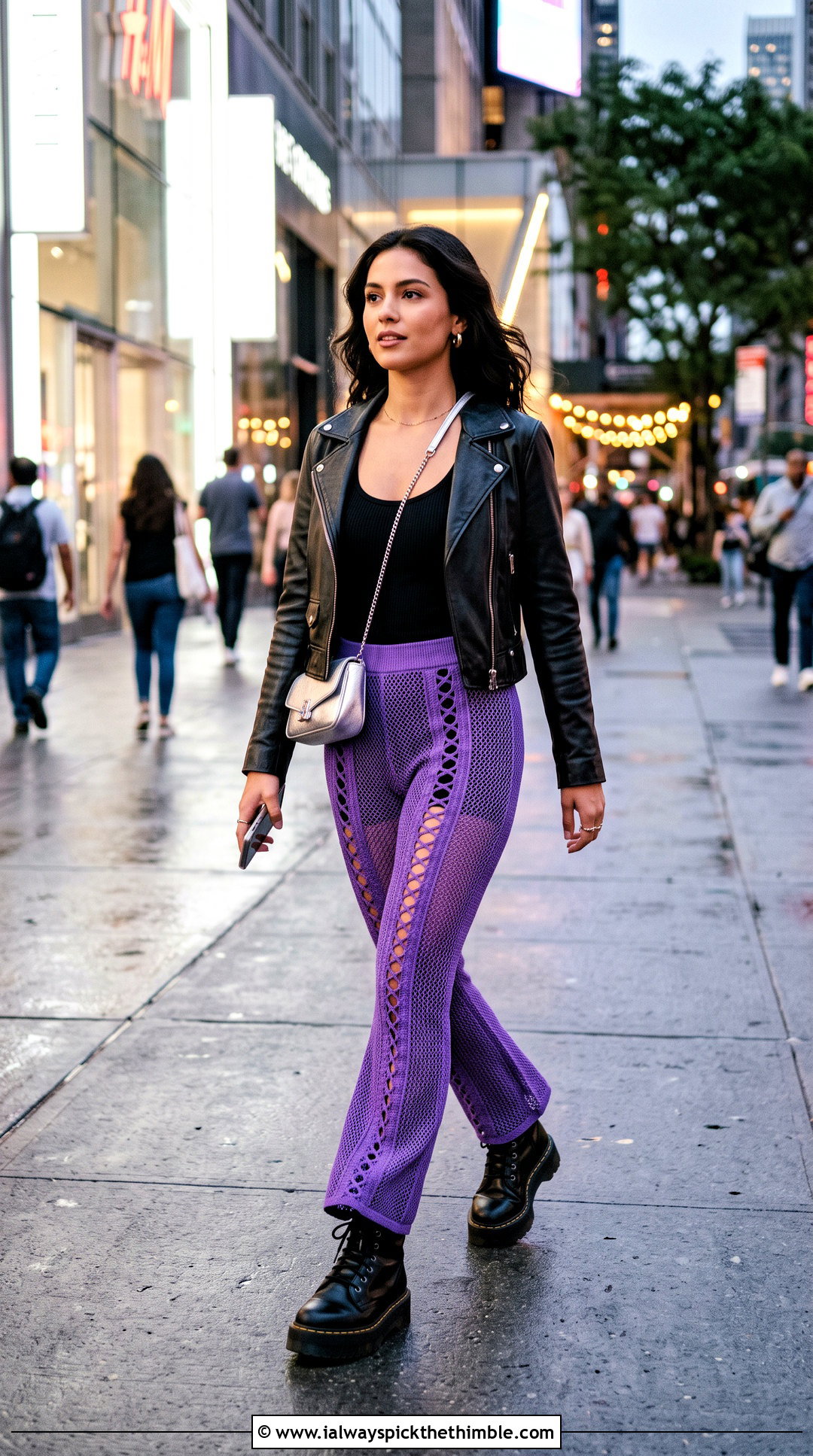 Side Slit Mesh Flare Pants With Leather Jacket - 20 Crochet Mesh Flare Pants outfit ideas