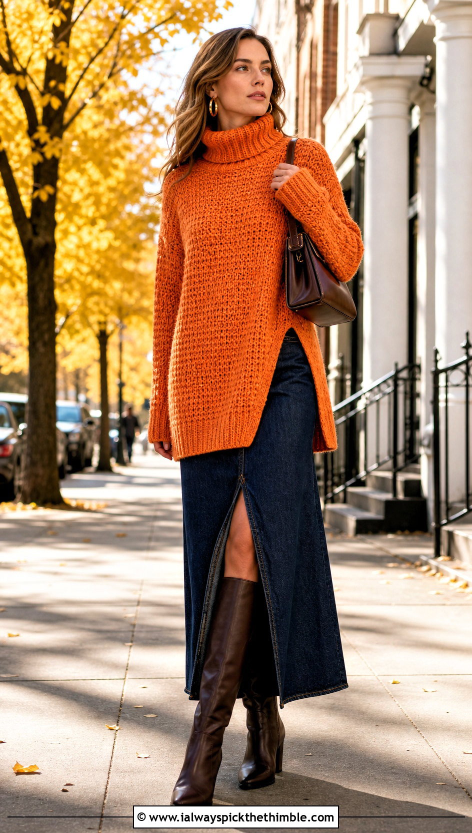 Side Slit Oversized Turtleneck Crochet Sweater With Denim Maxi Skirt - 15 oversized turtleneck crochet sweater outfit ideas