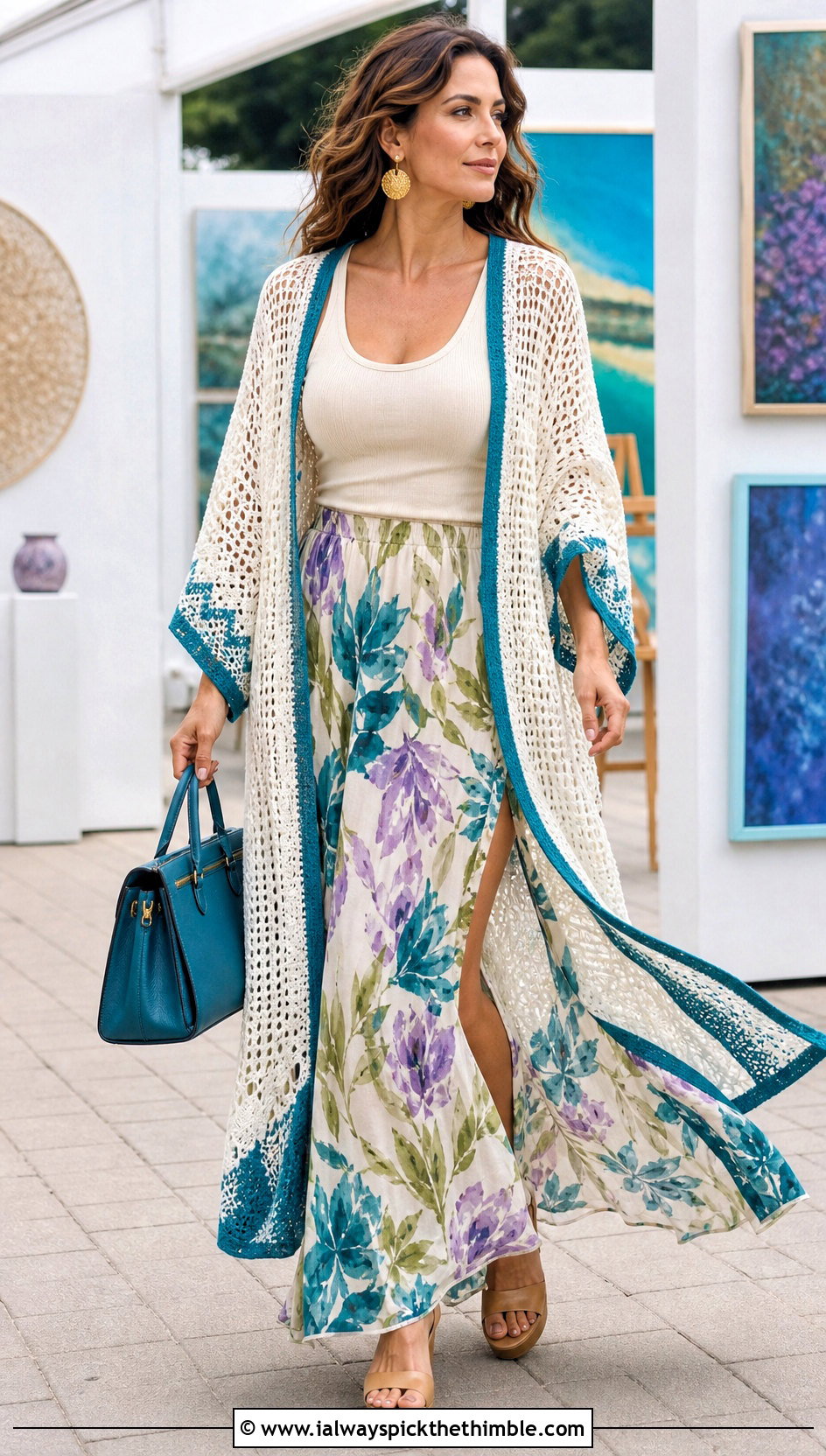Side Slit White Crochet Kimono With Maxi Skirt - 15 White Crochet Kimono outfit ideas