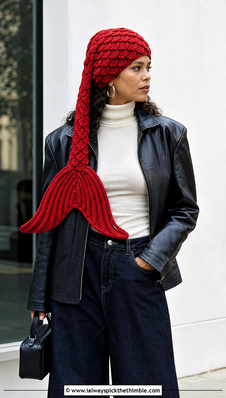 Side Tail Mermaid Crochet Hat With Leather Jacket - 15 Mermaid Tail Crochet Hat outfit ideas
