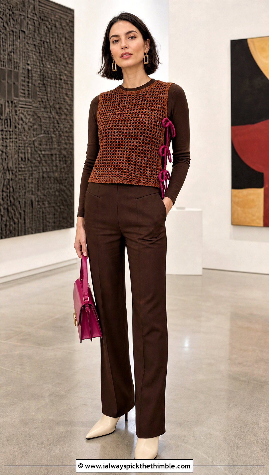 Side Tie Brown Crochet Vest With Tonal Separates - 15 brown crochet vest outfit ideas