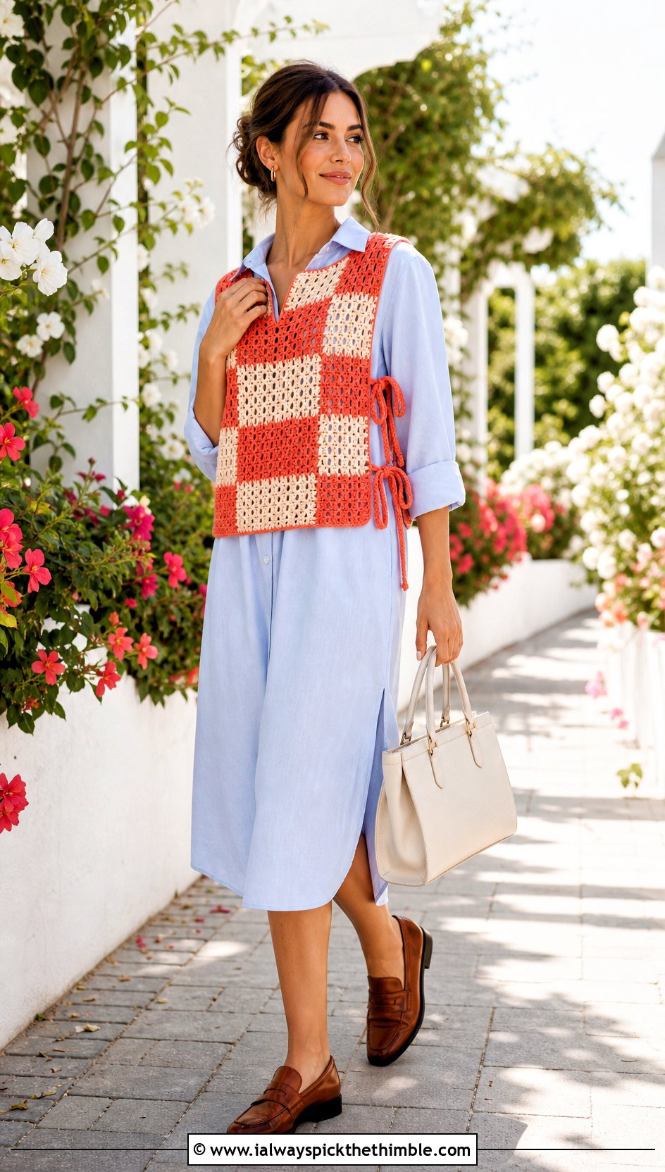 Side Tie Checkered Crochet Vest With Shirt Dress - 20 checkered crochet vest outfit ideas
