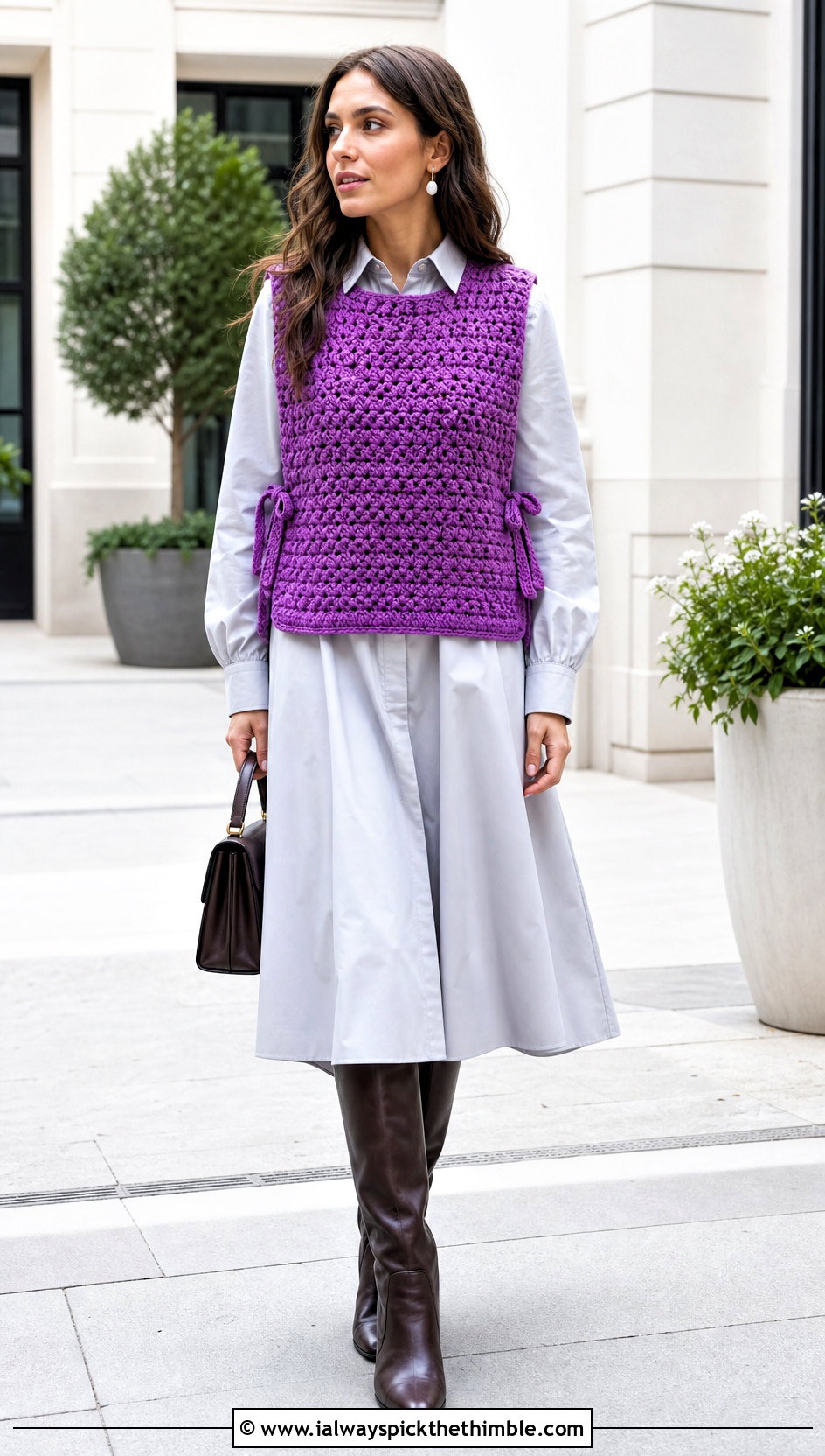 Side Tie Chunky Crochet Vest Over A Poplin Shirt Dress - 20 Chunky Crochet Vest outfit ideas
