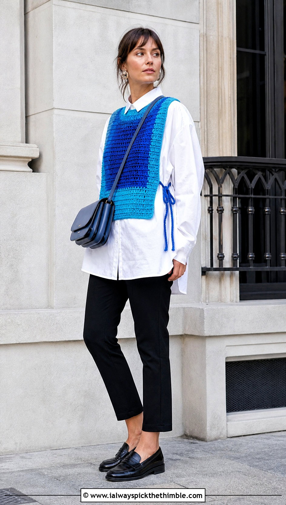 Side Tie Crochet Bib Vest With Oversized Shirt - 25 crochet sleeveless vest outfit ideas