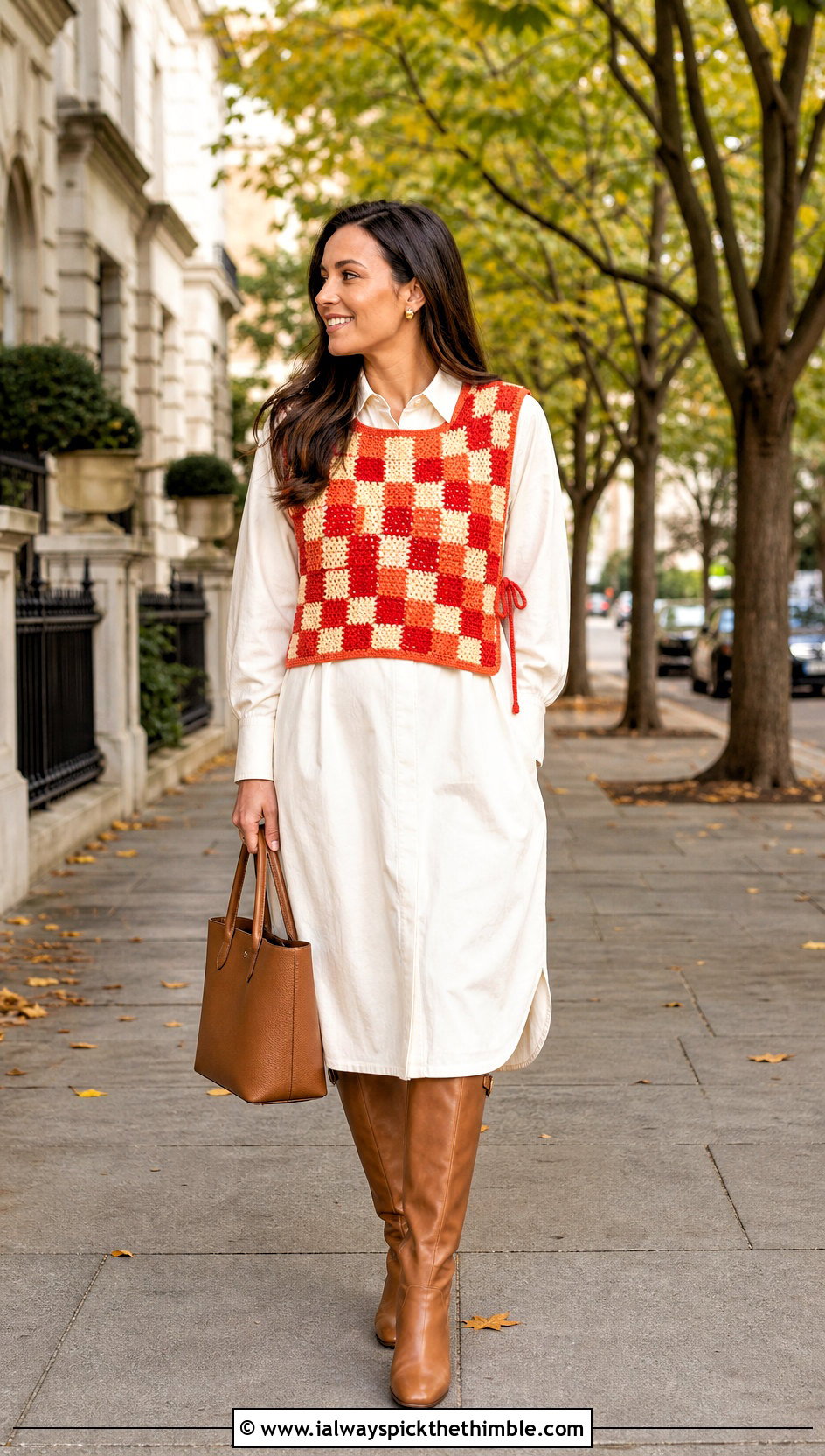 Side Tie Crochet Checkered Vest With Poplin Shirt Dress - 15 Crochet Checkered Vest outfit ideas