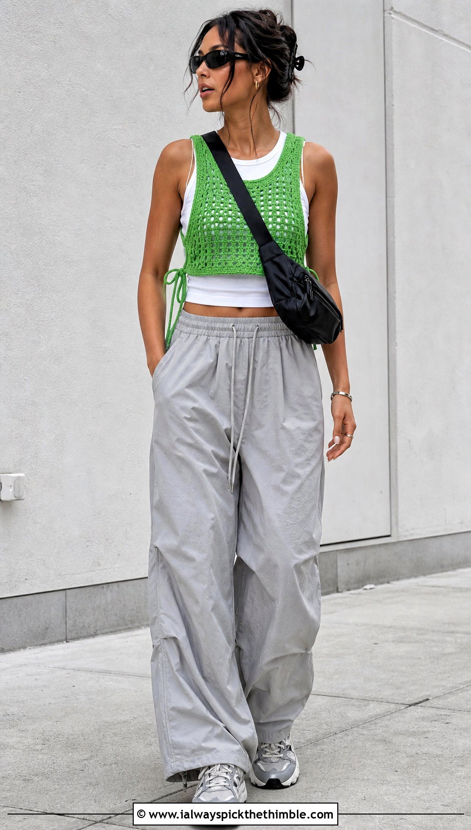 Side Tie Crochet Crop Vest With Parachute Pants - 20 crochet crop vest outfit ideas