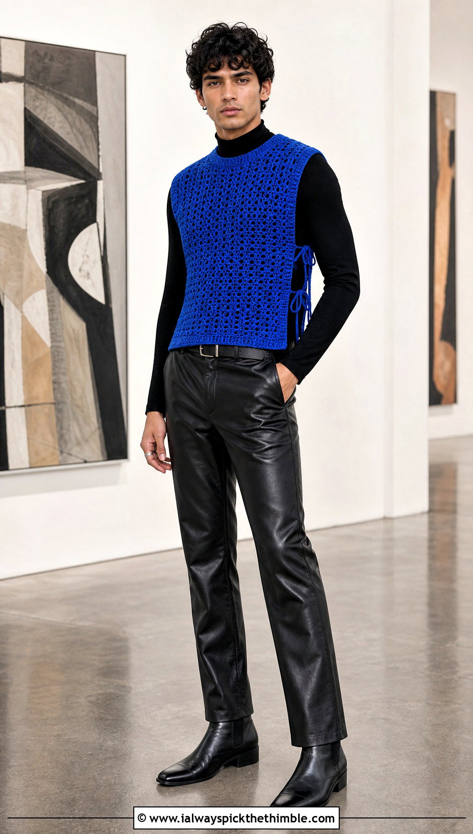 Side Tie Crochet Mens Sweater Vest With Leather Pants - 20 Mens Crochet Sweater Vest outfit ideas