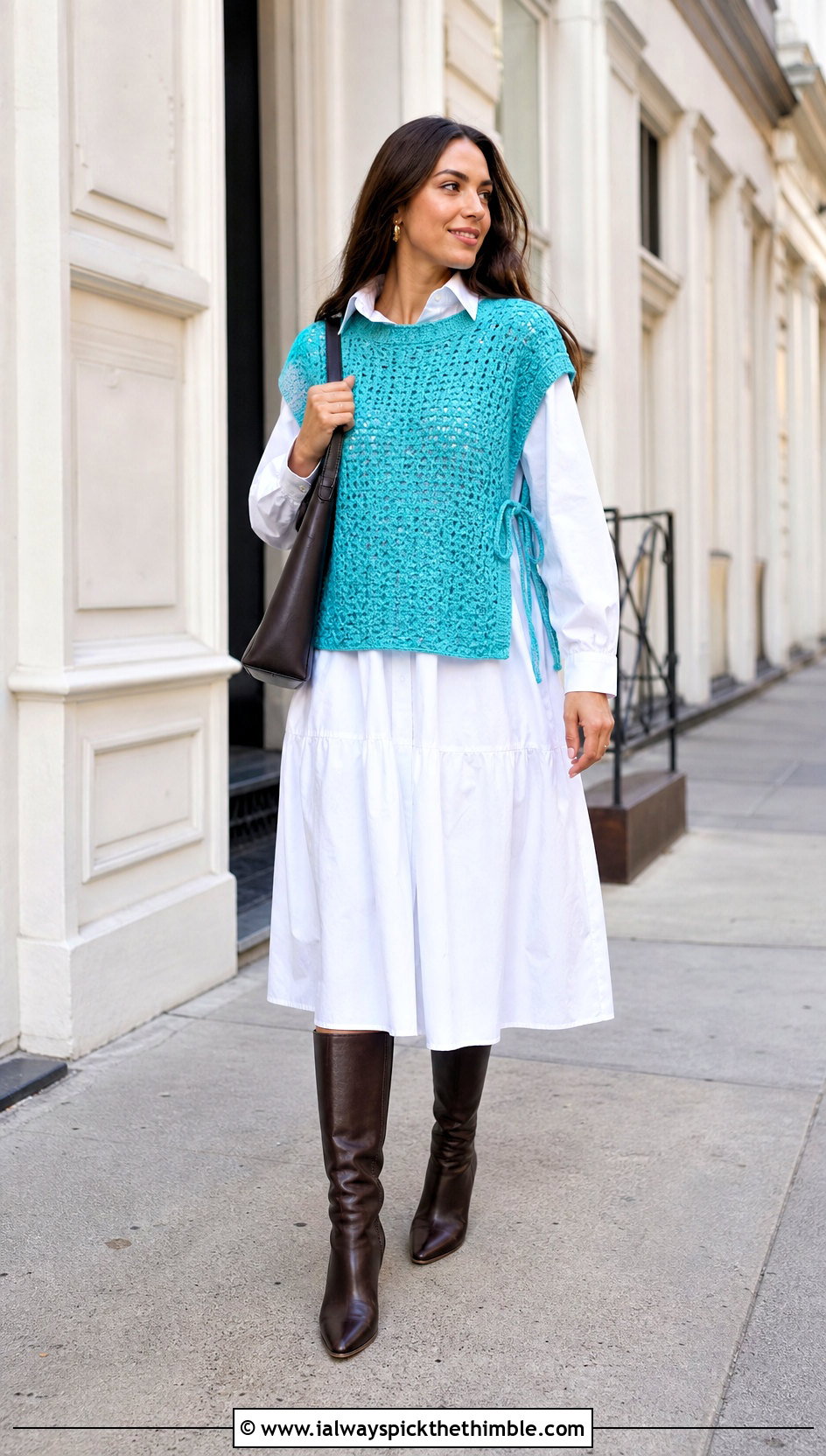 Side Tie Crochet Sweater Vest With Poplin Shirt Dress - 20 diy crochet sweater vest outfit ideas