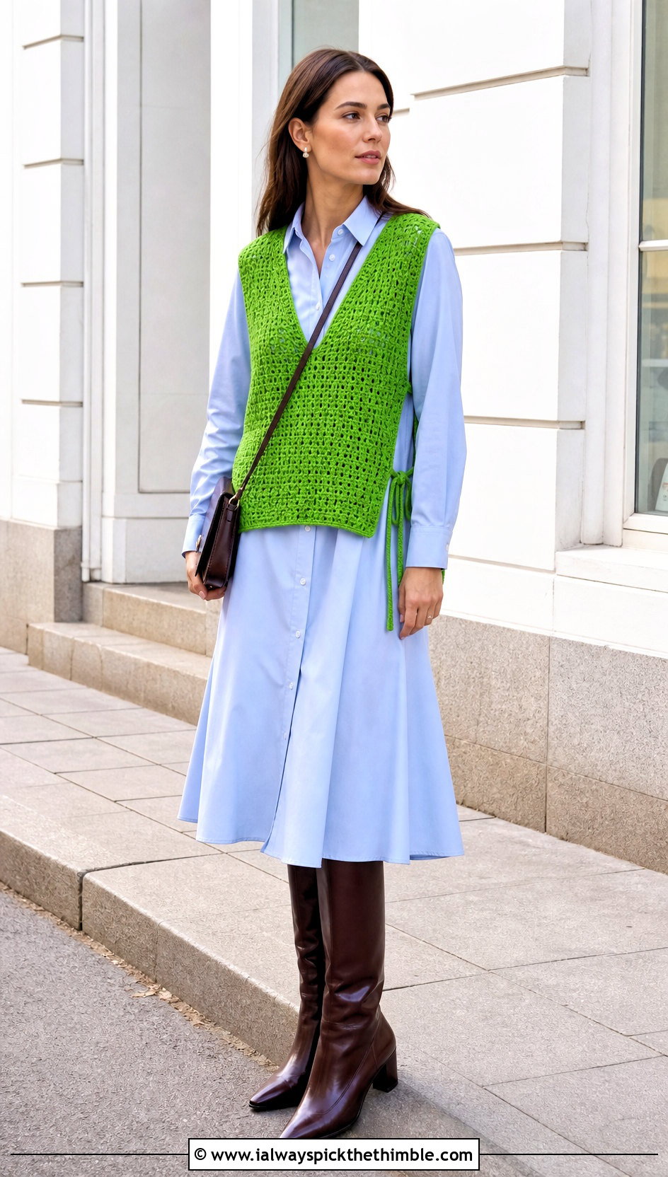 Side Tie Crochet V Neck Sweater Vest With Shirt Dress - 20 crochet v neck sweater vest outfit ideas