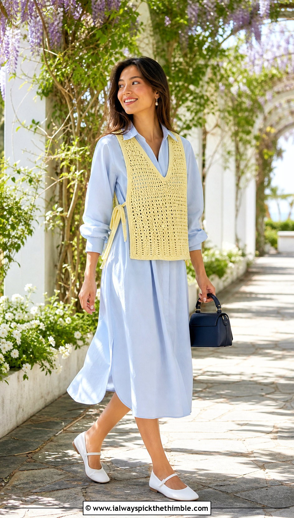 Side Tie Crochet V Neck Vest With Poplin Dress - 20 crochet v neck vest outfit ideas