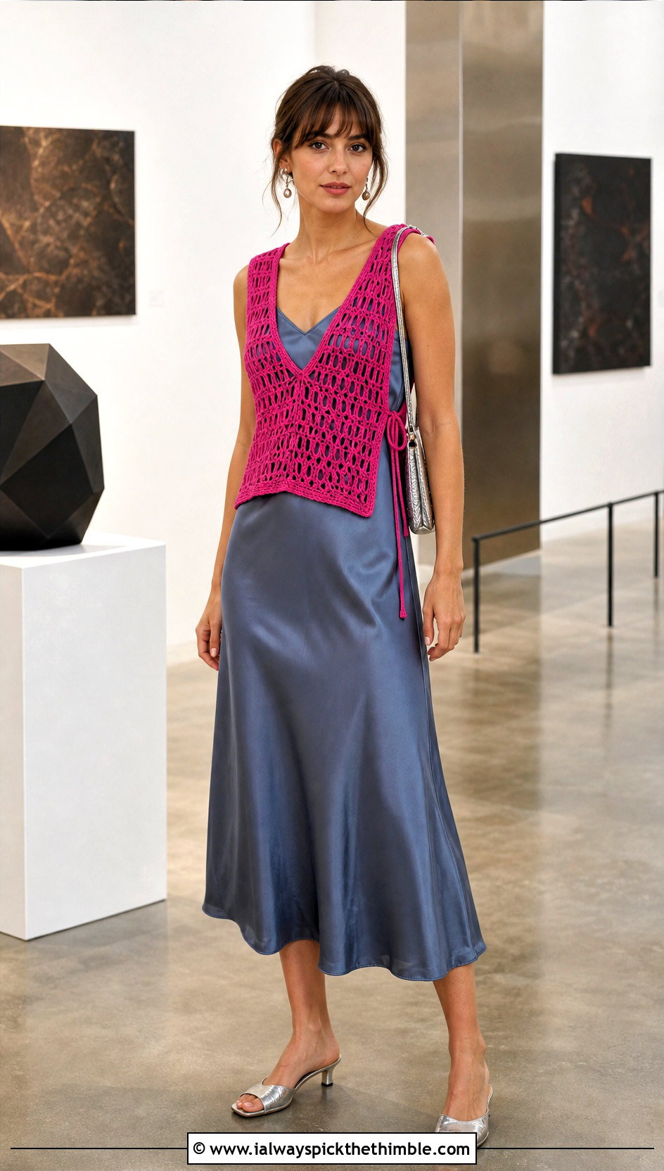 Side Tie Crochet Vest With A Slip Dress - 25 boho crochet vest outfit ideas