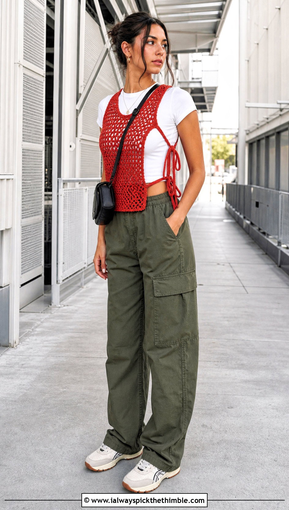 Side Tie Crochet Vest With Cargo Pants And Sneakers - 25 crochet vest for women outfit ideas