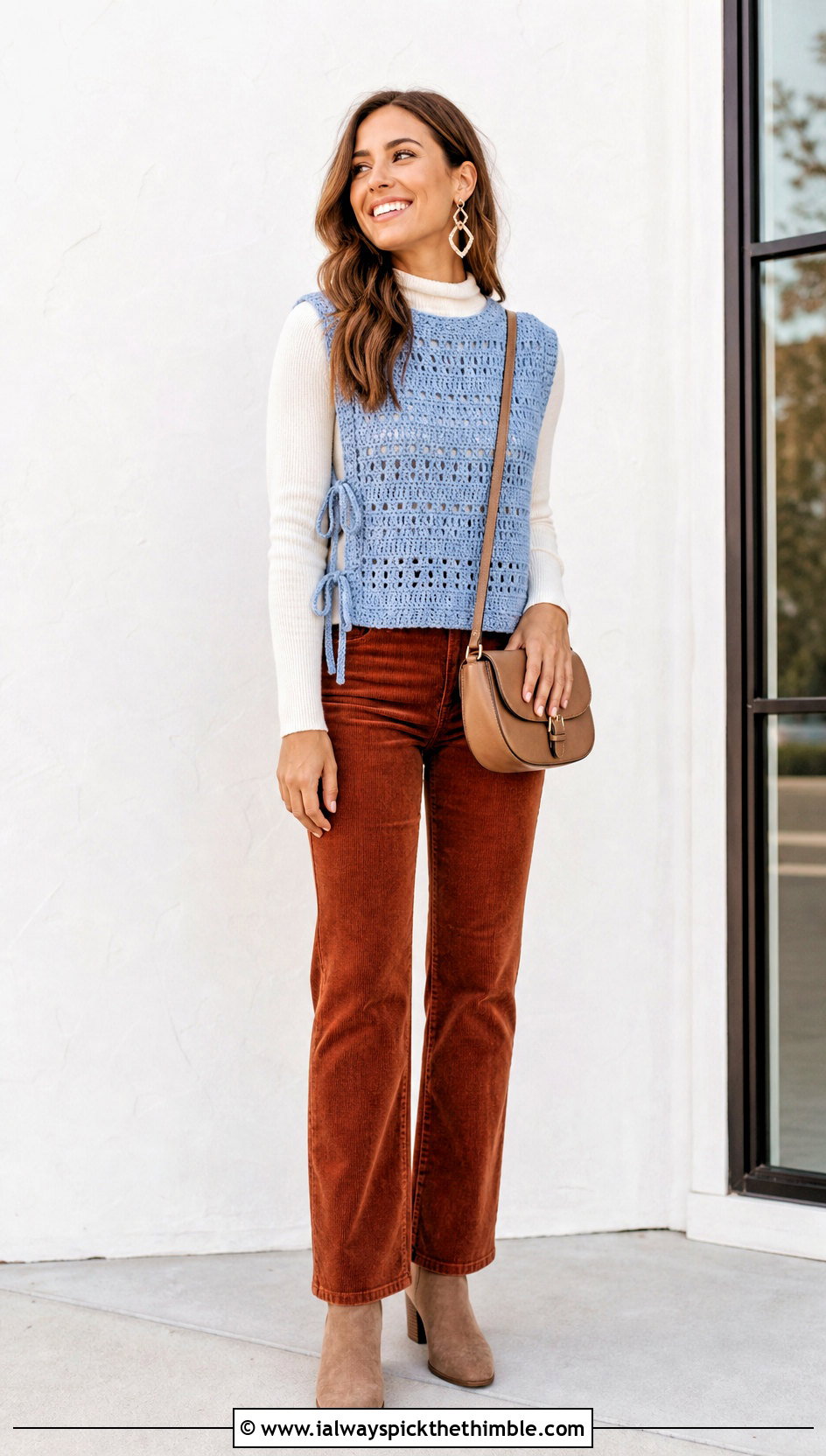 Side Tie Crochet Vest With Corduroy Pants - 25 crochet vest woman outfit ideas