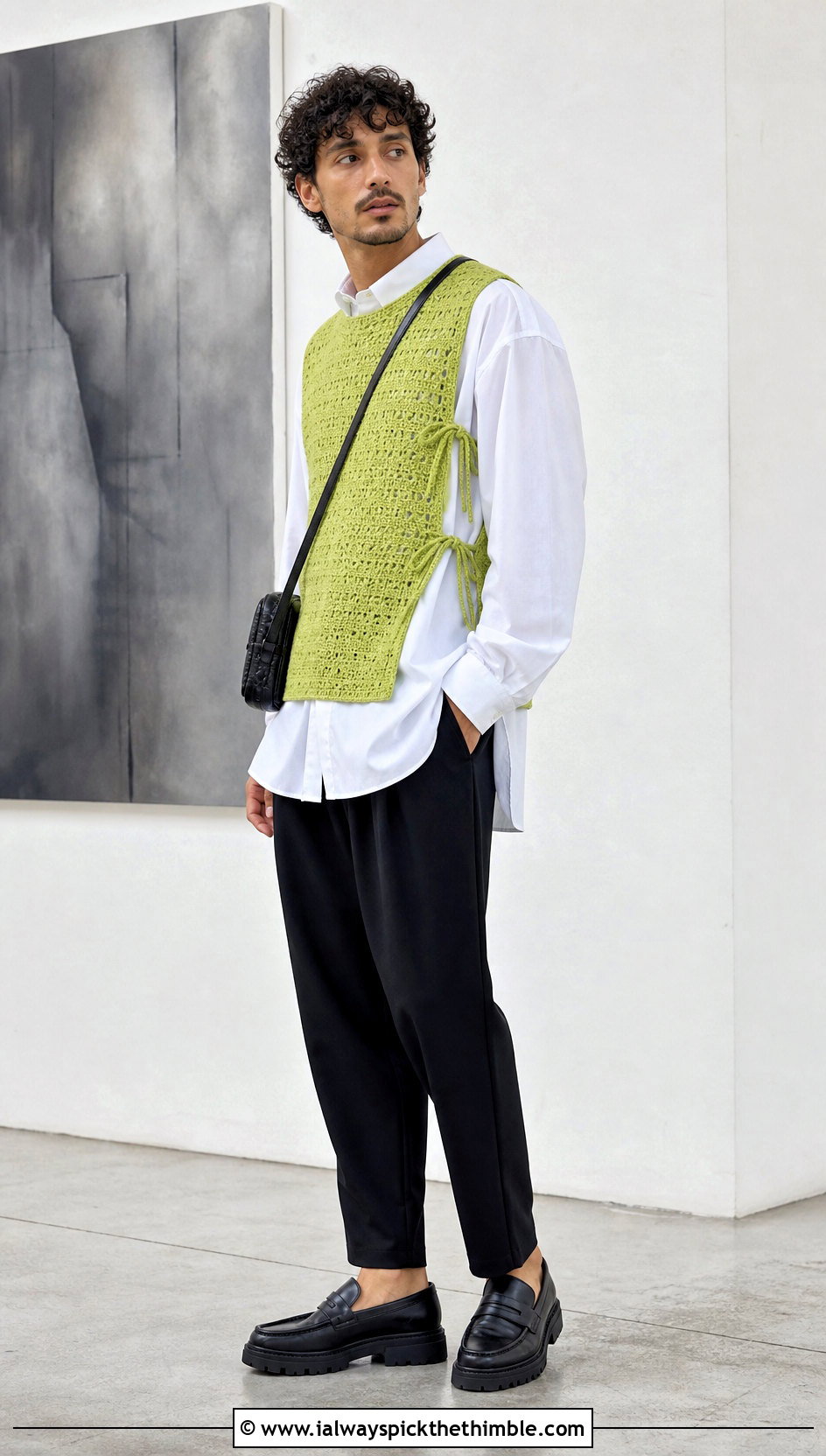 Side Tie Crochet Vest With Oversized Shirt - 25 crochet vest for men outfit ideas