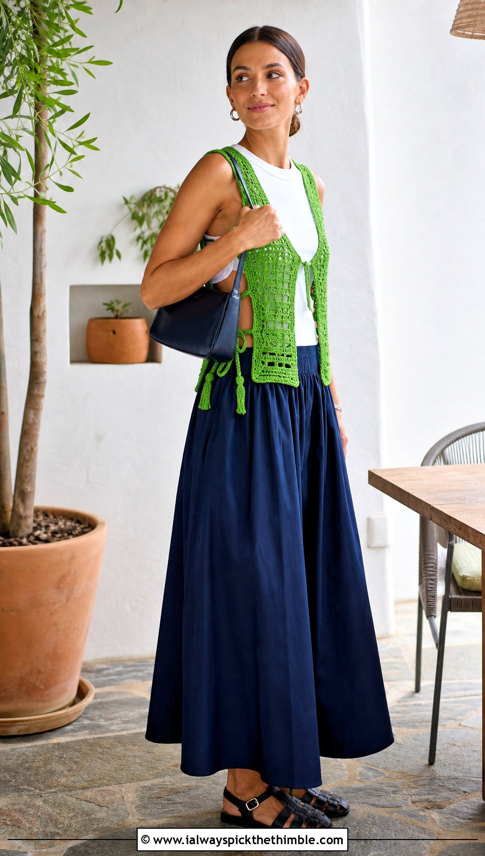 Side Tie Crochet Vest With Poplin Maxi Skirt - 20 Easy Crochet Vest For Beginners outfit ideas