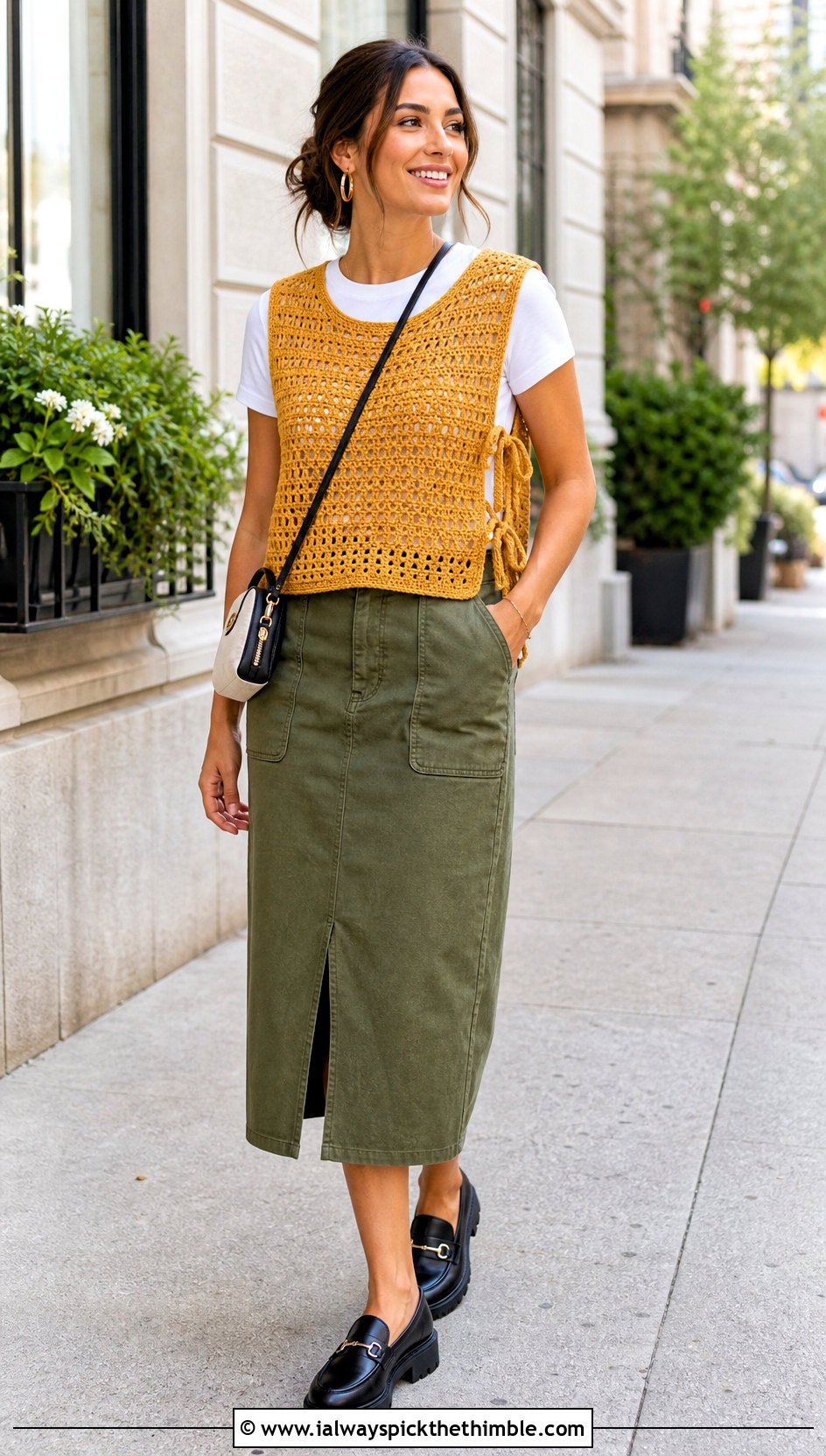 Side Tie Crochet Vest With Utility Skirt - 25 crochet vests outfit ideas