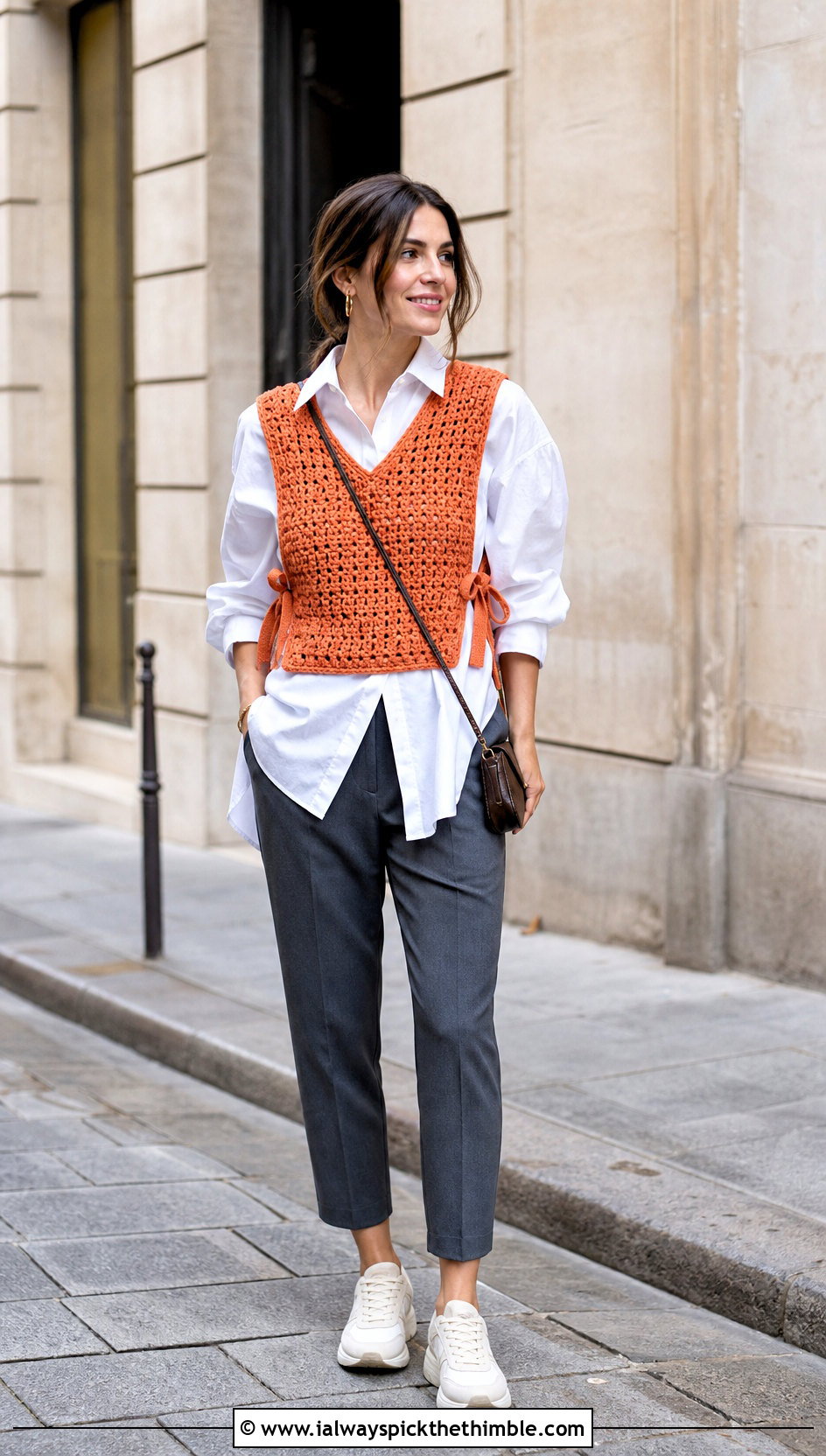 Side Tie Crochet Waistcoat With Poplin Shirt - 25 crochet waist coat outfit ideas
