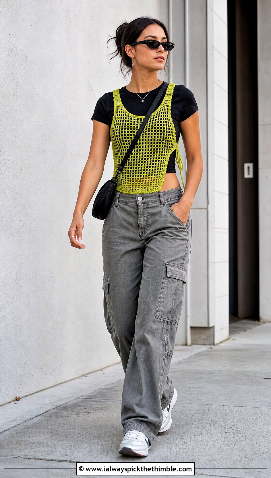 Side Tie Filet Crochet Vest With Cargo Pants - 25 filet crochet vest outfit ideas