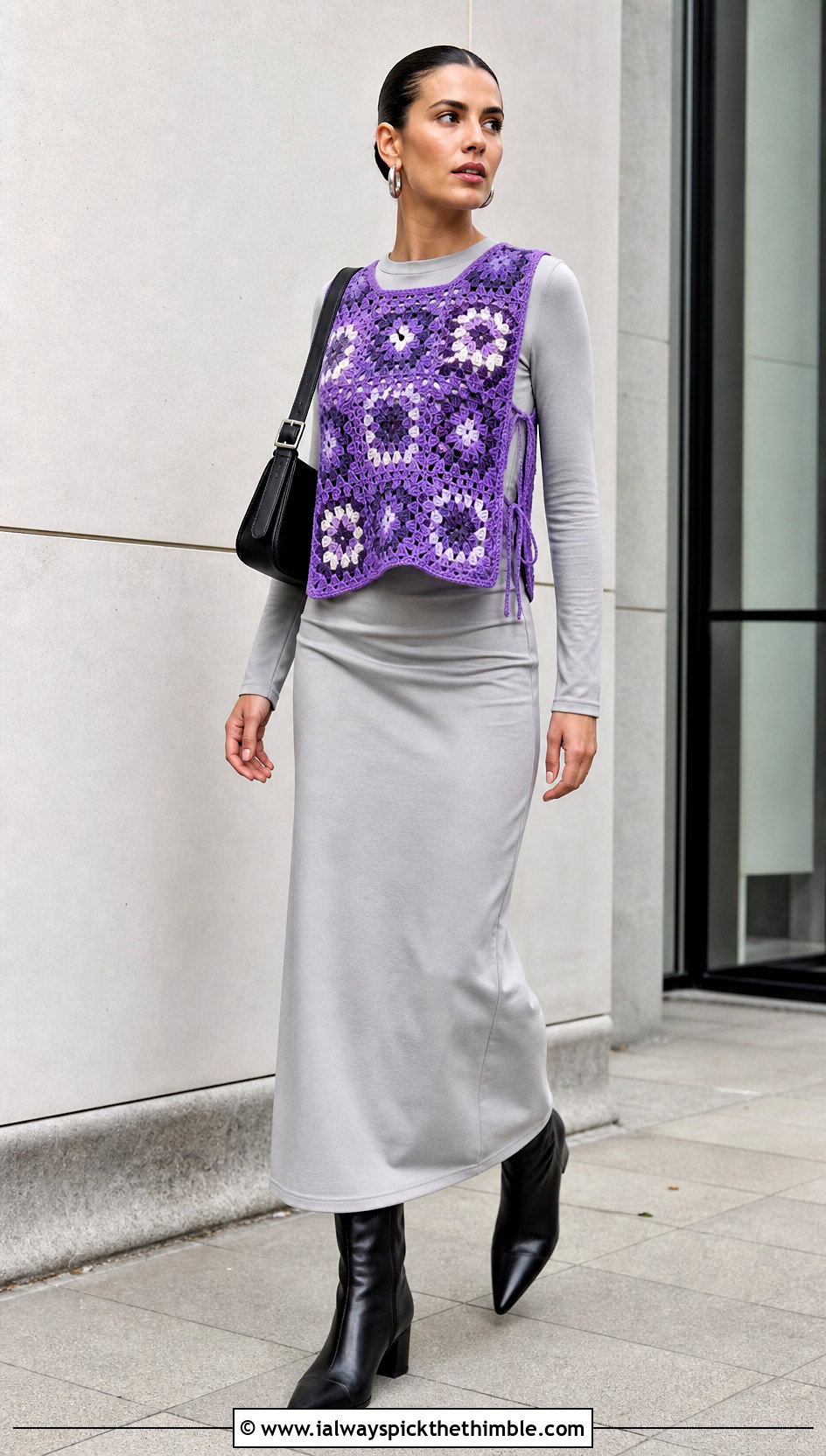 Side Tie Granny Square Crochet Vest With Column Skirt - 20 Granny Square Crochet Vest outfit ideas