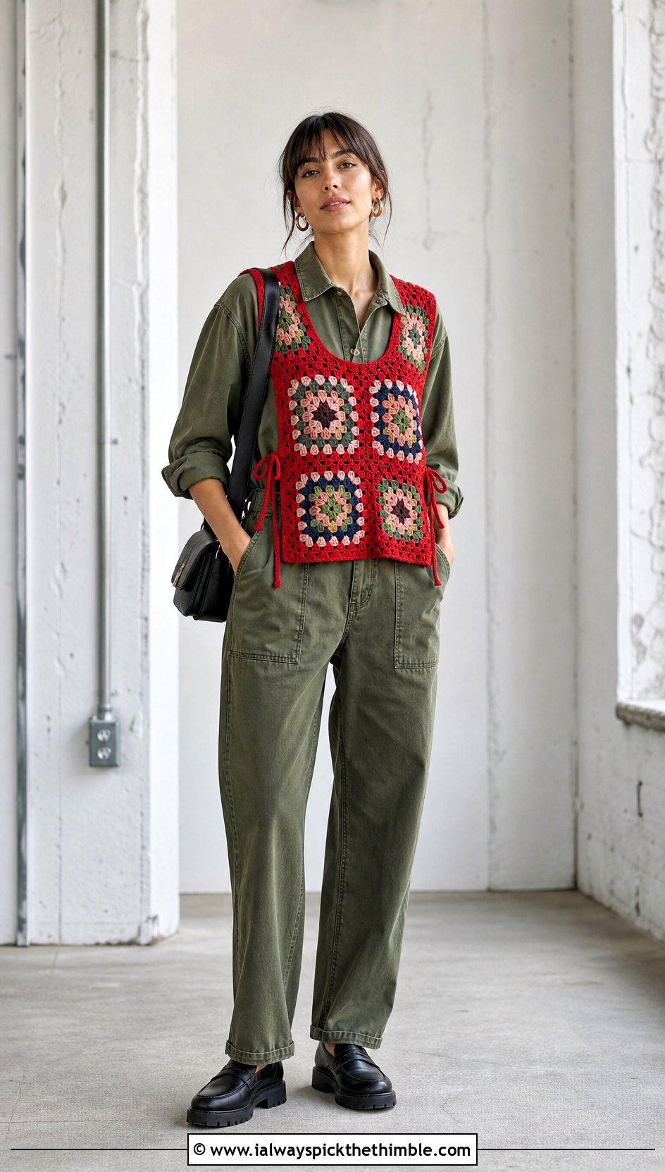 Side Tie Granny Square Sweater Vest With Utility Jumpsuit - 25 granny square sweater vest outfit ideas