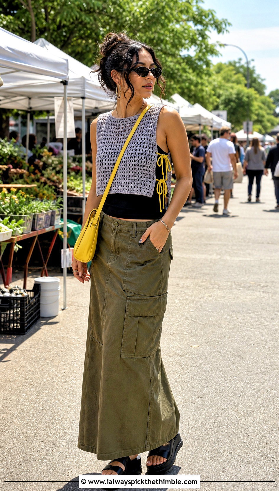 Side Tie Gray Crochet Sweater Vest With Cargo Maxi Skirt - 15 Gray Crochet Sweater Vest outfit ideas