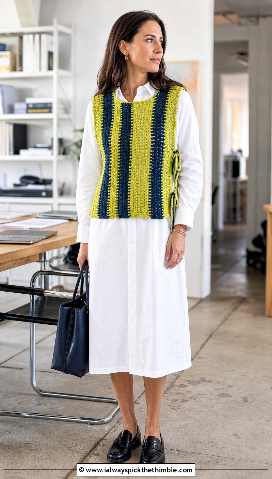 Side Tie Stripe Crochet Vest With Shirt Dress - 20 crochet vest stripes outfit ideas