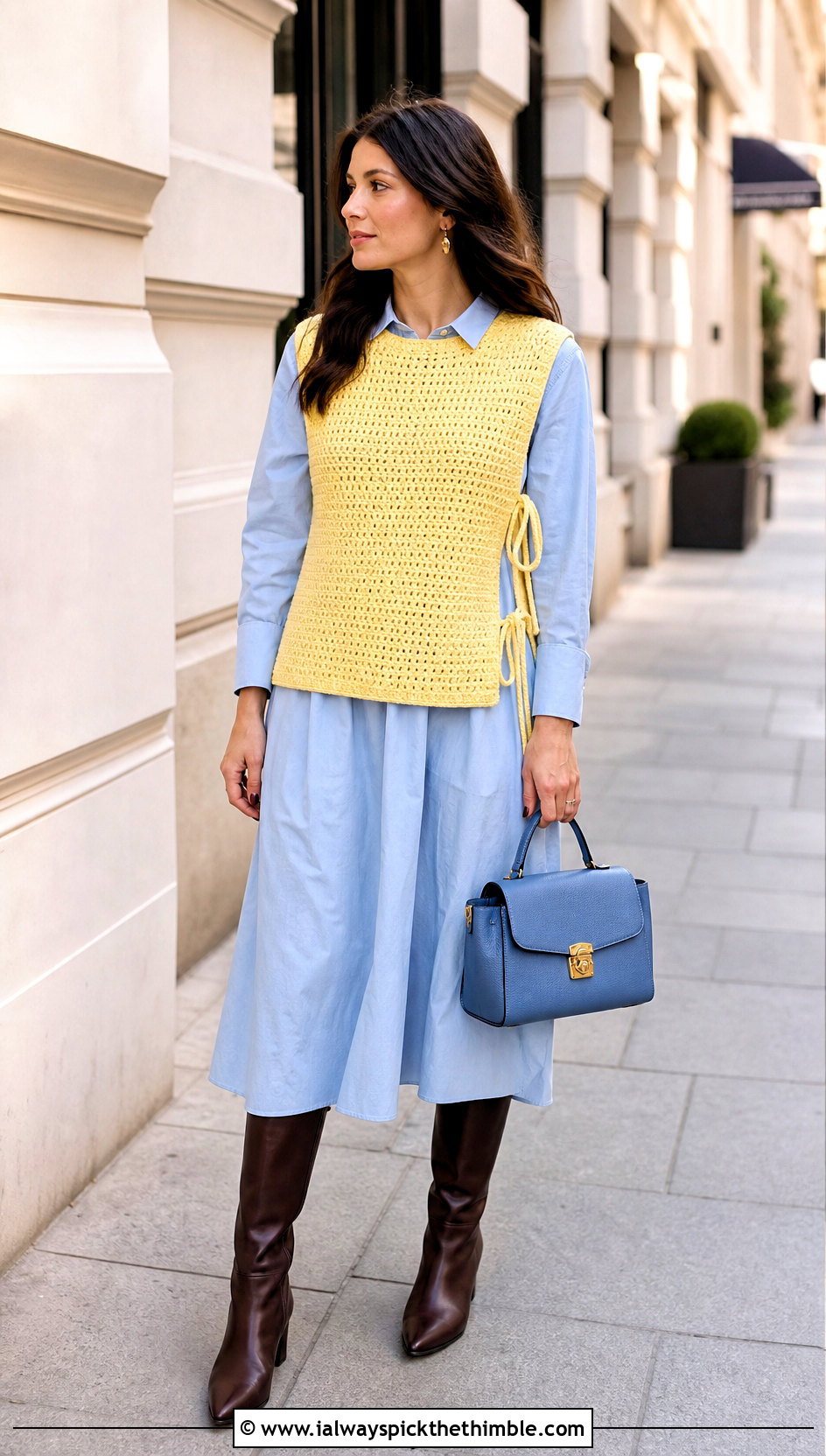 Side Tie Tunisian Crochet Vest With Shirt Dress - 20 Tunisian Crochet Vest outfit ideas