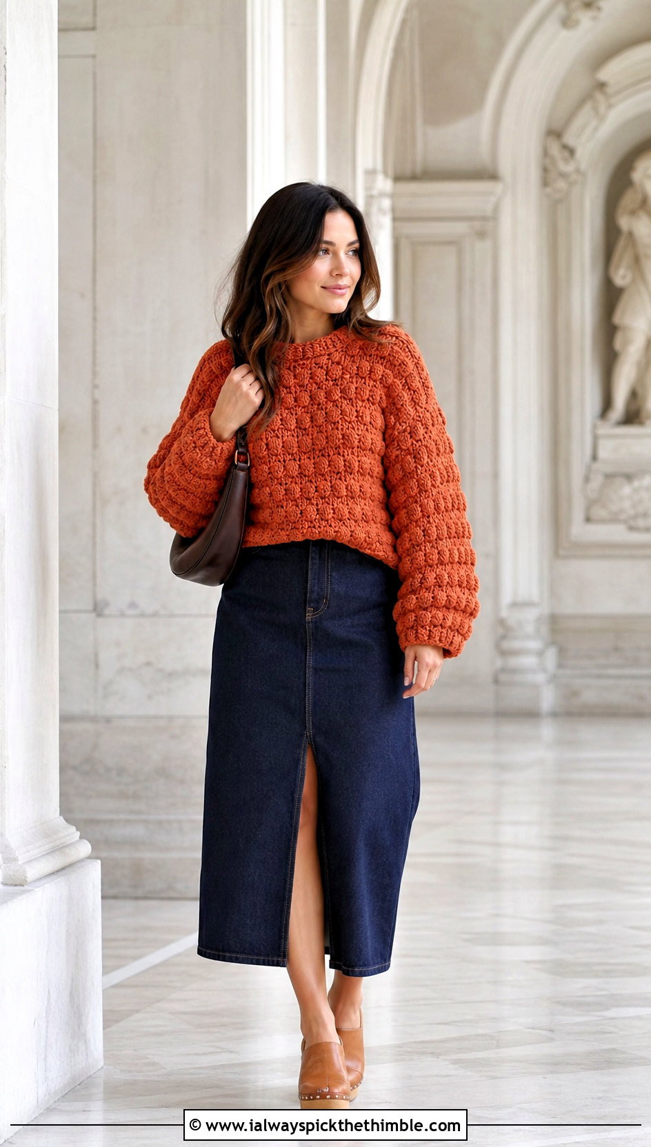 Side To Side Crochet Puff Stitch Sweater With Denim Midi Skirt - 20 Crochet Puff Stitch Sweater outfit ideas