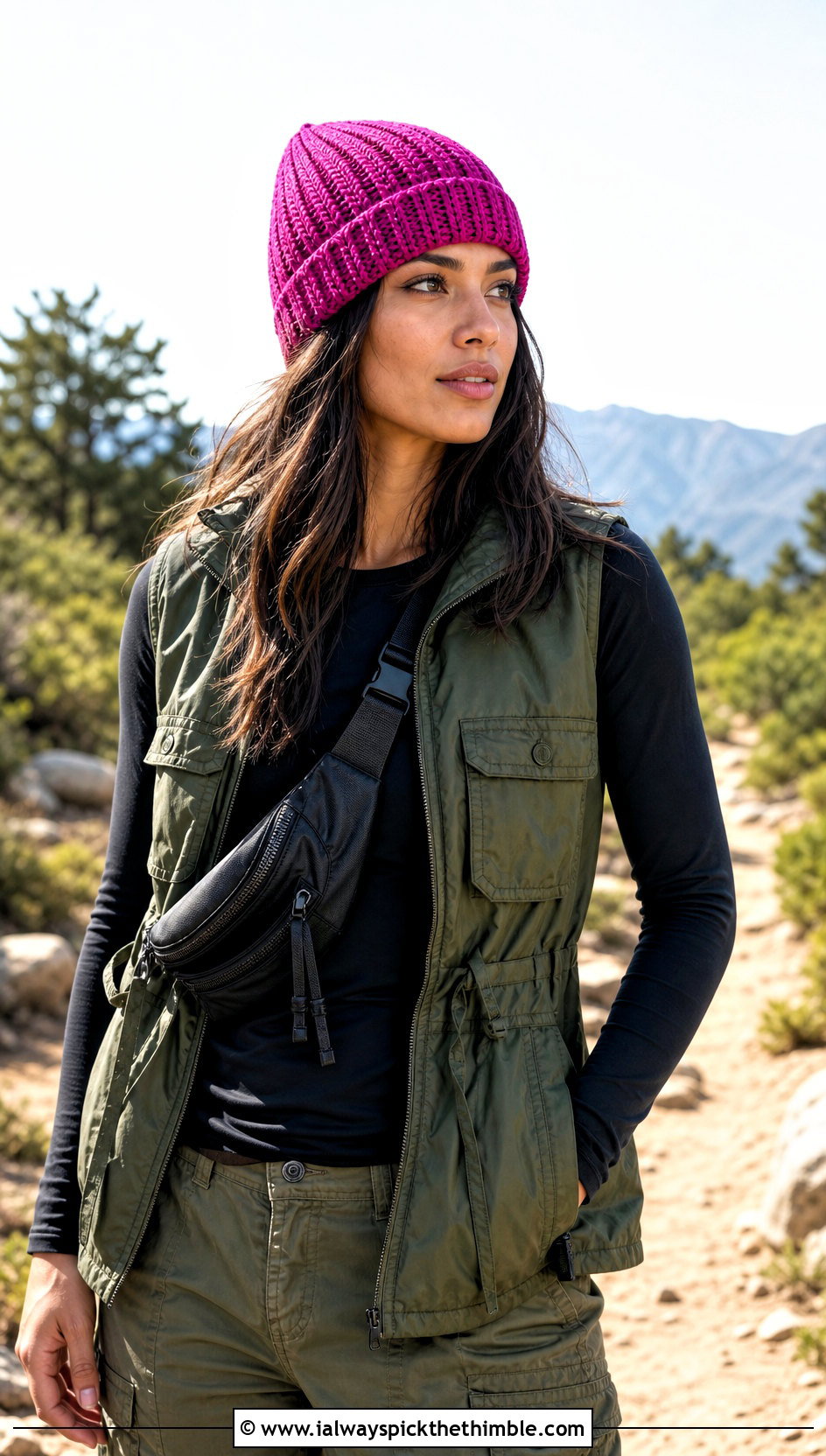 Side To Side Crochet Ribbed Beanie With Utility Vest - 25 crochet ribbed beanie outfit ideas