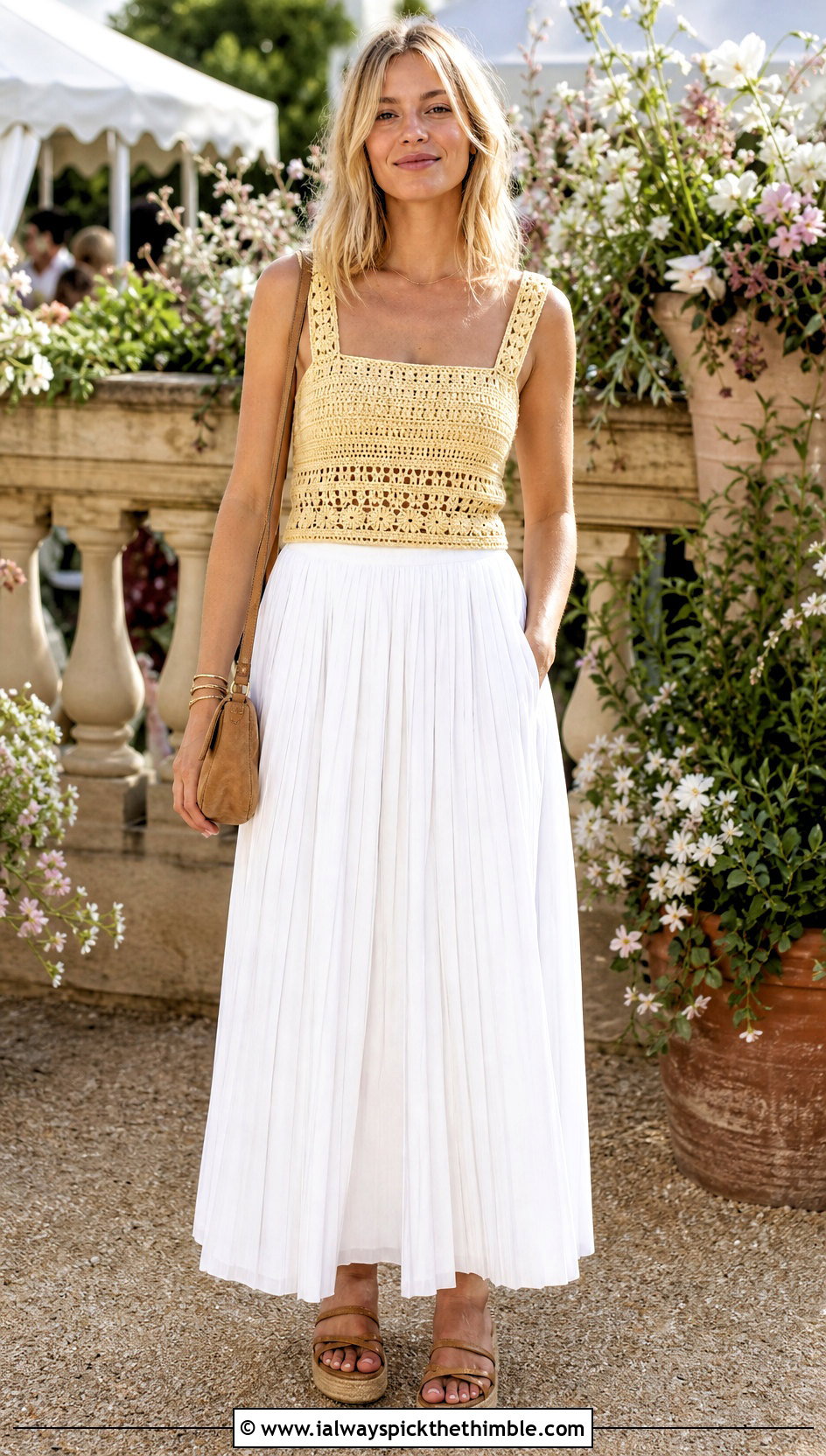 Sienna Miller Butter Yellow Crochet Top With Pleated Maxi Skirt - 20 celebrity crochet outfits ideas