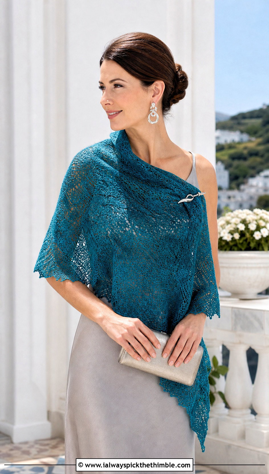 Silk Blend Lace Triangle Shawl With Bias Midi Dress - 20 Crochet Lace Triangle Shawl outfit ideas