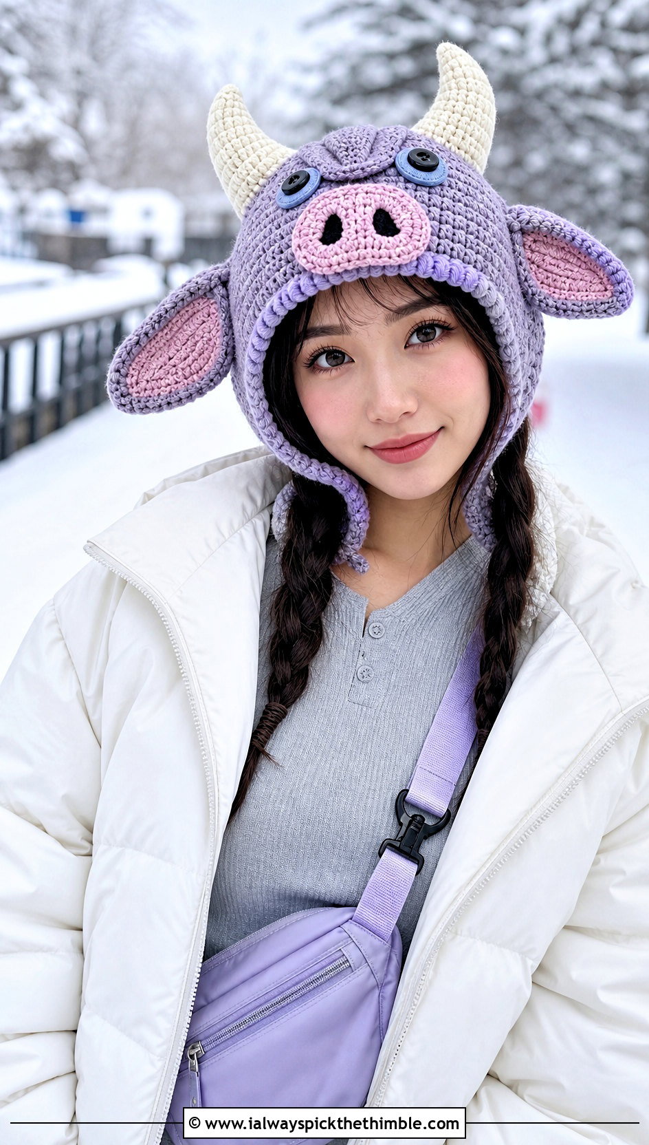 Silver Lilac Bokoblin Crochet Hood Hat With Puffer Coat - 15 Bokoblin Crochet Hat outfit ideas