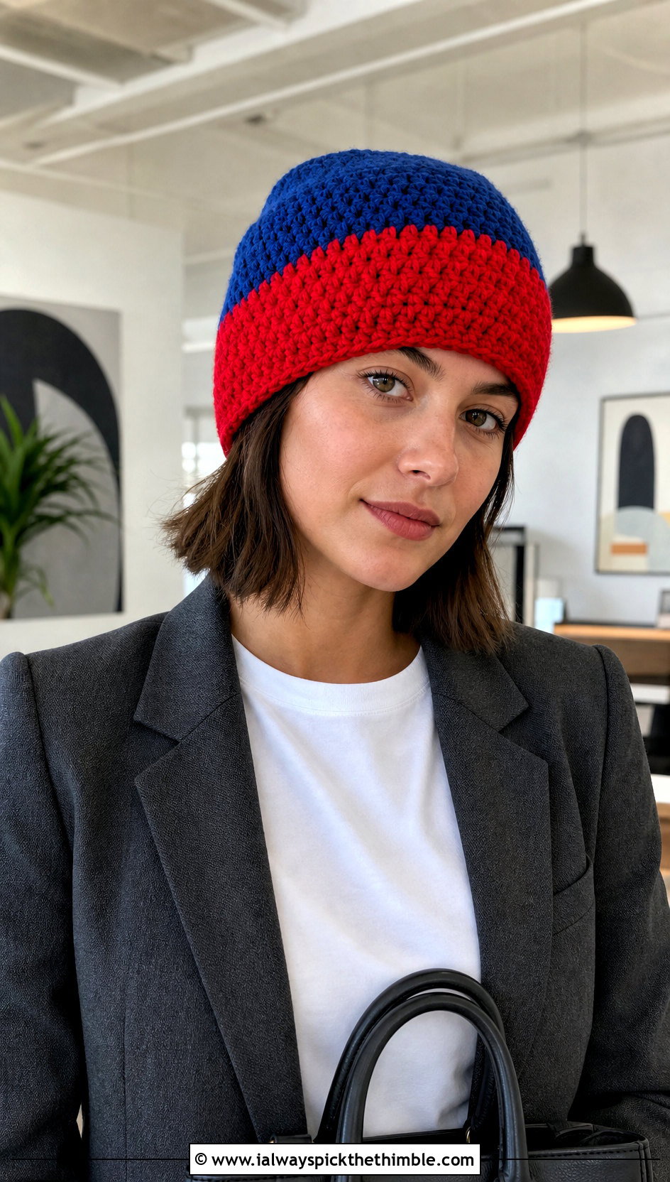 Simple Double Crochet Color Block Beanie With Tailored Suit - 15 simple double crochet hat outfit ideas