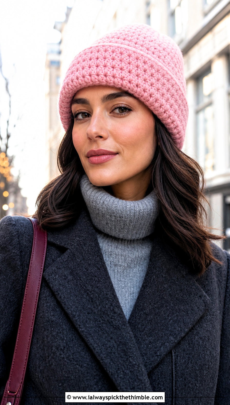 Simple Double Crochet Cuffed Beanie With Wool Coat - 15 simple double crochet hat outfit ideas