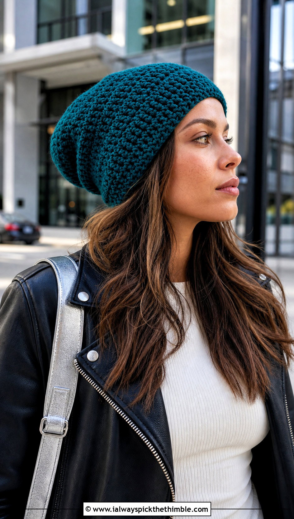 Simple Double Crochet Slouchy Beanie With Leather Jacket - 15 simple double crochet hat outfit ideas