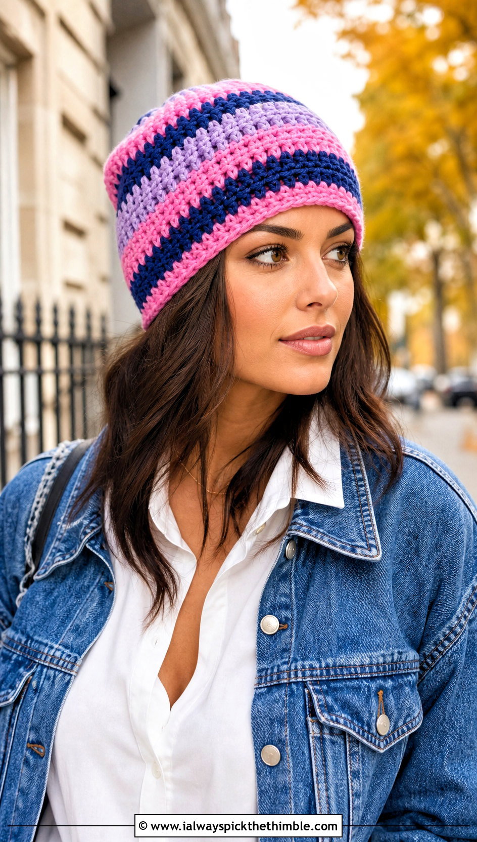 Simple Double Crochet Striped Beanie With Shirt Dress - 15 simple double crochet hat outfit ideas