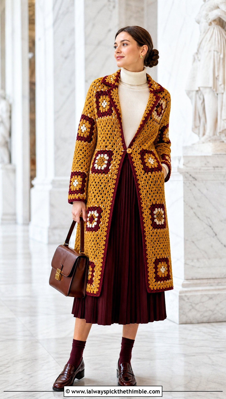 Single Button Granny Square Crochet Coat With Pleated Skirt - 20 Granny Square Crochet Coat outfit ideas