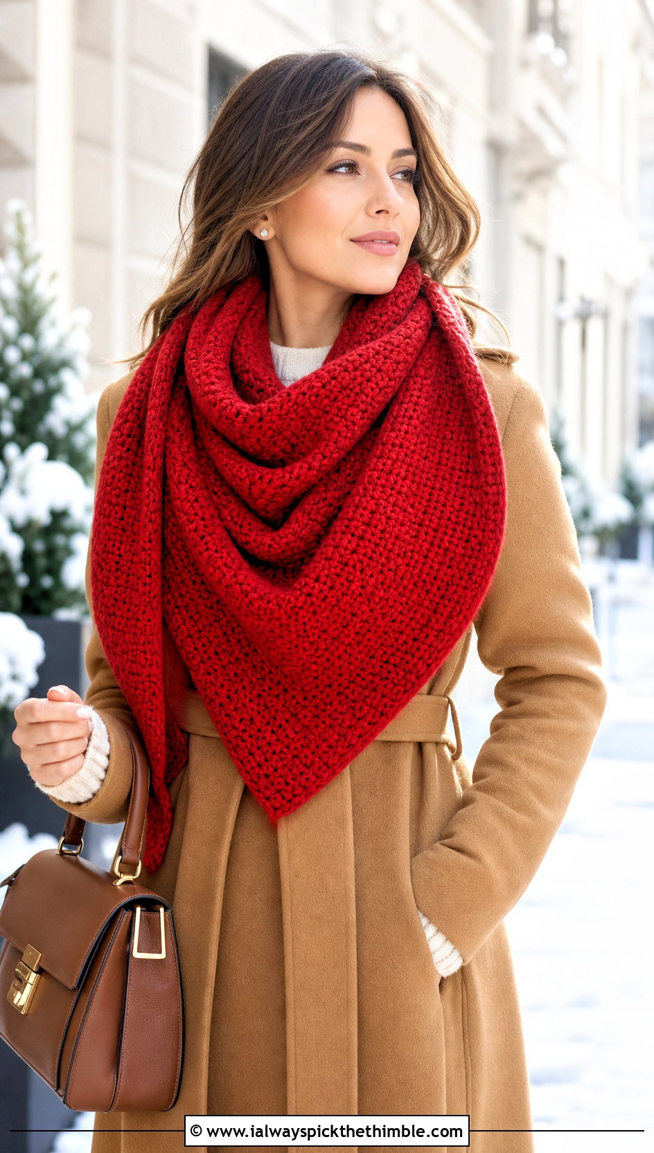 Single Crochet Blanket Scarf With Belted Coat - 20 Single Crochet Scarf outfit ideas