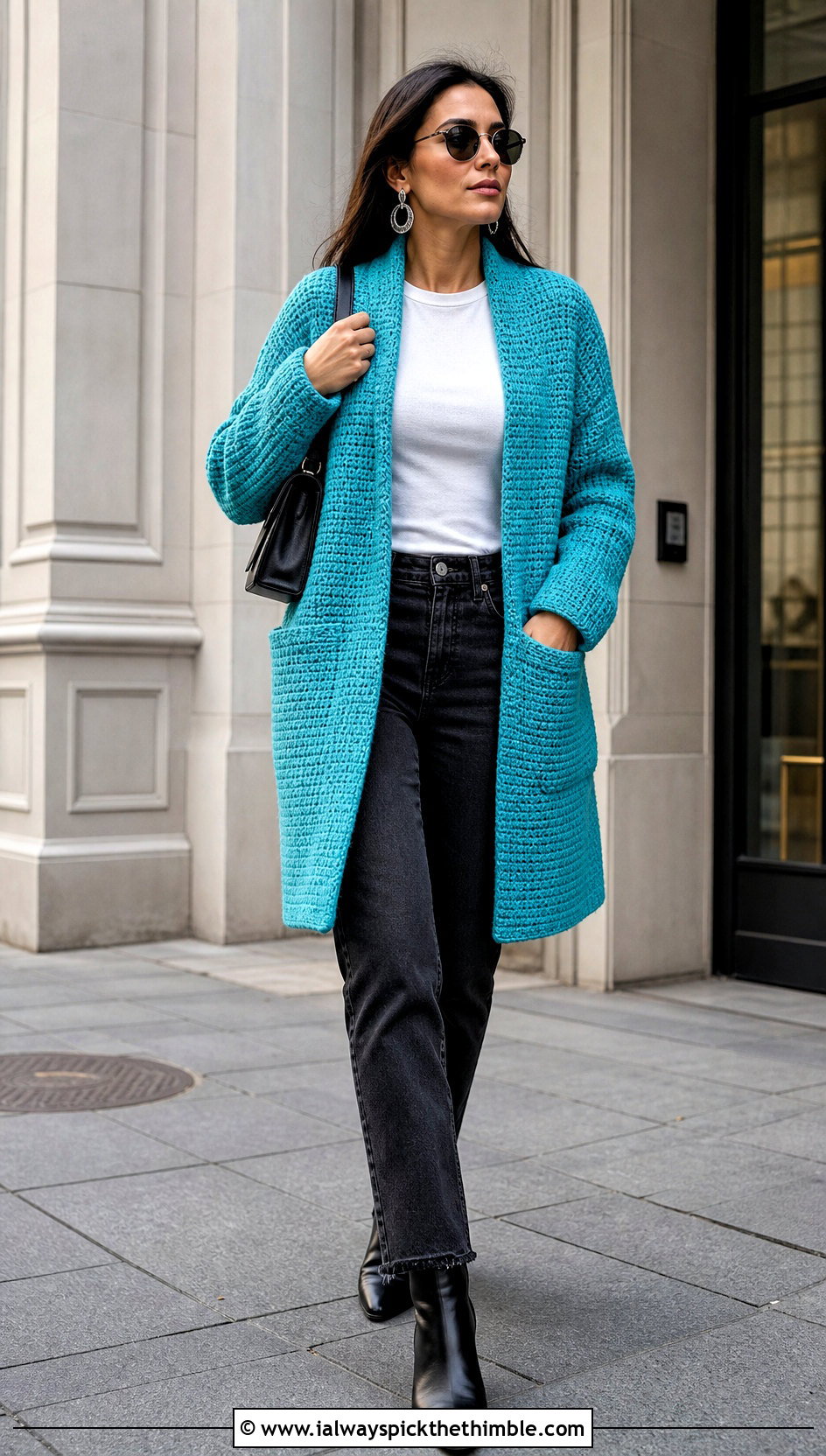 Single Crochet Coat With Black Jeans And Ankle Boots - 15 beginner crochet coat outfit ideas