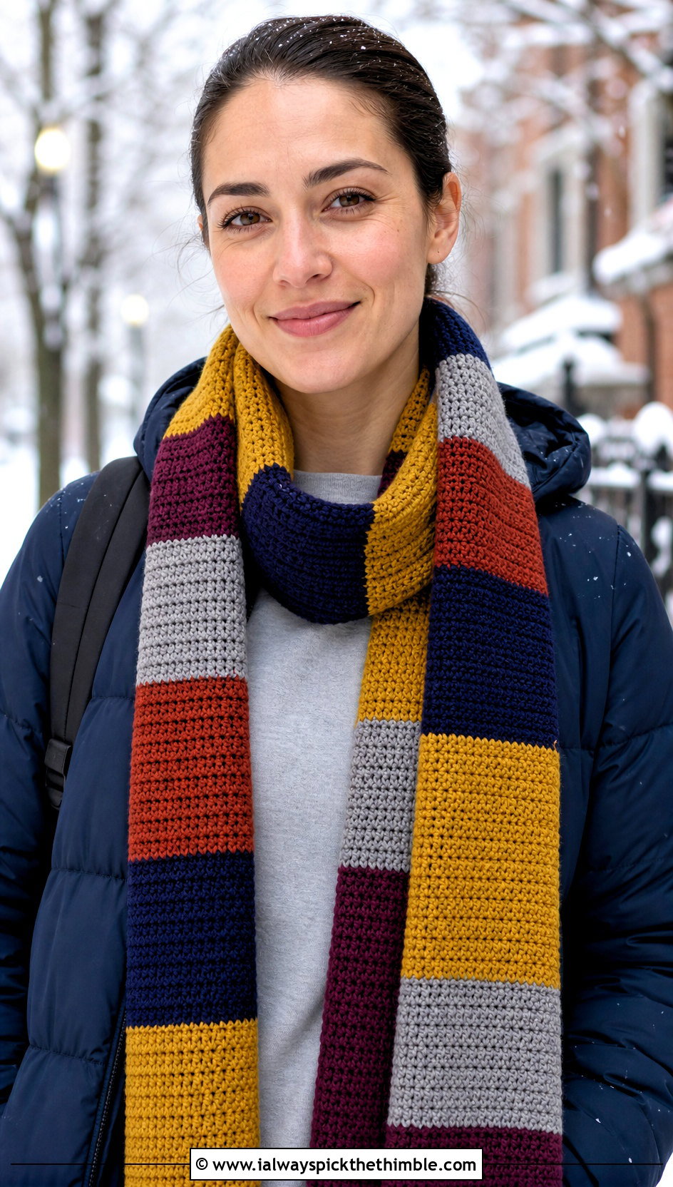 Single Crochet Fourth Doctor Scarf With Puffer Jacket - 20 Doctor Who Crochet Scarf outfit ideas