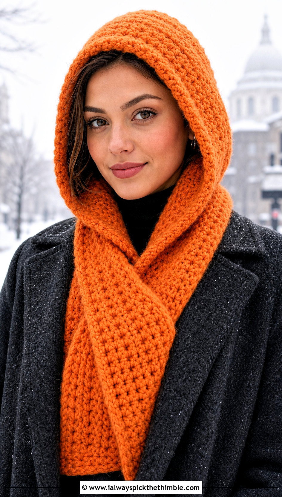 Single Crochet Hooded Scarf With Wool Coat - 20 Single Crochet Scarf outfit ideas