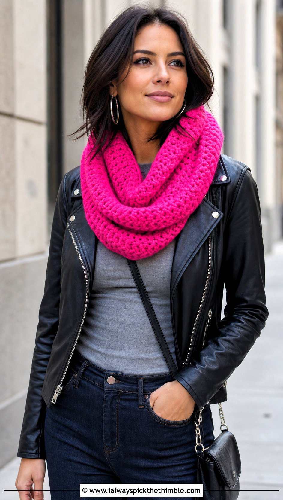 Single Crochet Infinity Scarf With Leather Jacket - 20 Single Crochet Scarf outfit ideas